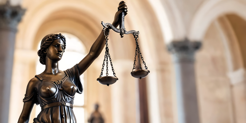 A close-up of a statue of Lady Justice.