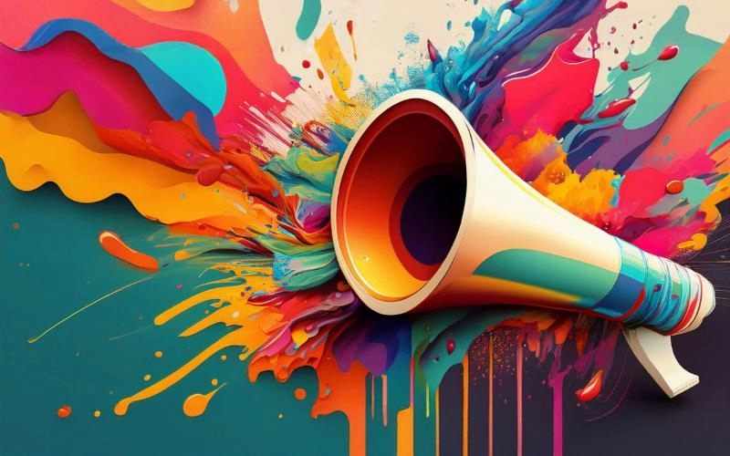 Bright colors resembling paint splatters appear to emanate from the mouth of a megaphone.