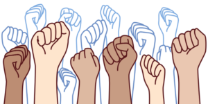 Animated fists of various skin tones rising up together