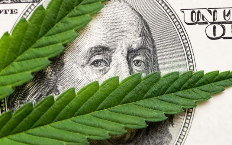 A $100 bill is positioned so that Benjamin Franklin peeks out through a cannabis leaf.